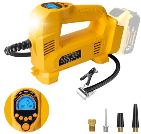 QUPERR Akku Kompressor kompatibel mit Dewalt 18V Akku, Bis 10,34 bar | Luftkompressor mit LED-Licht & Autostopp, Tragbare Luftpumpe für Auto, Motorrad, Fahrrad, Bälle (ohne Akku)