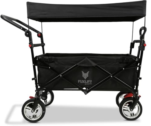 FUXLIFE Bollerwagen faltbar FX-CT700 Schwarz • klappbarer Handwagen für Ausflug & Alltag • gepolsterter Sitzbereich • Bremsen • höhenverstellbarer Griff • platzsparender Faltbollerwagen