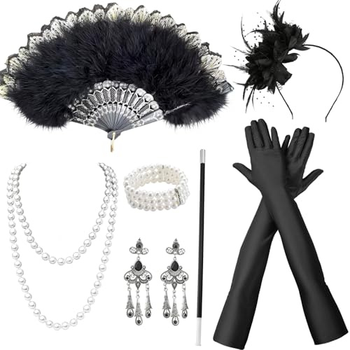 20er Jahre Accessoires,7 Stück 20er Jahres Kostüm Damen,JahreKleid Zubehör | Kostüm Set mit Fächer Federn Schwarz,Diadem,Armband,Halskette,Ohrringe,Handschuhe,StrüMpfe,Augenmaske,Lange Rohre