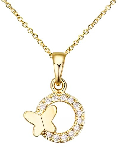 Löb 750er Gold Vergoldet Halskette Schmetterling Ring Kreis Zirkonia Stein, Damen Kette Ringanhänger Modern Minimalistisch Dezent Filigran Zart 18 Karat