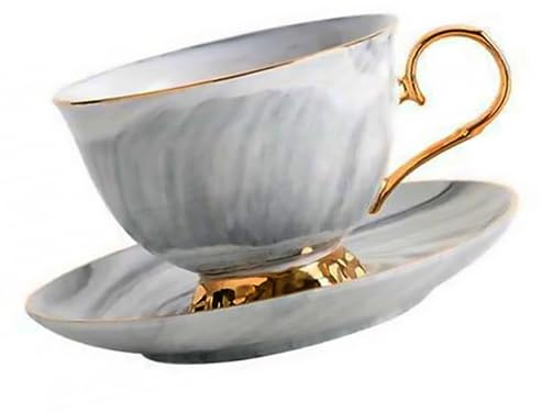 TOBBOMEY Tasse à Café Nordique en Céramique 250 Ml avec Soucoupe, Motif Marbre Gris et Doré, Mug à Lait Élégant pour Thé, Espresso, Cappuccino – Ensemble 2 Pièces pour Maison et Bureau