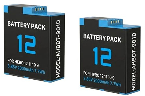 2 batterie di ricambio da 2000 mAh per fotocamera GoPro Hero 12 Hero 11/10/9 AHDBT-901 ADBAT001 ADDBD-211