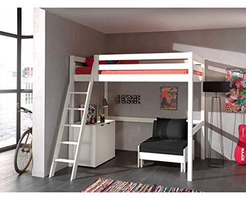 Vipack Hochbett mit Liegefläche 140 x 200 cm, Kommode und Sessel, Kiefer Massiv weiß Lackiert