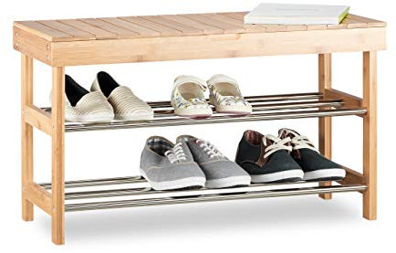 Relaxdays, 10021566, Schuhregal mit Sitzfläche, Bambus Schuhschrank f. 6 Paar Schuhe, Sitzbank m. Stauraum HBT: 43x74x30 cm, Natur