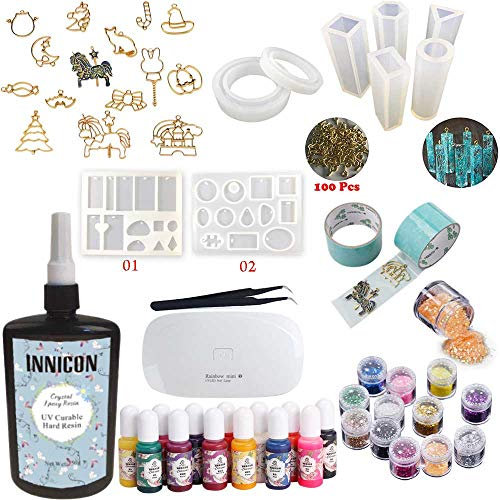 INNICON 250g Kit de decoración de Resina epoxi cristalina Clara 9 Moldes de Silicona 12 Accesorios Brilla 13 pigmentos Mini UV/LED Pinzas de lámpara para Bricolaje Joyería Kit de Inicio