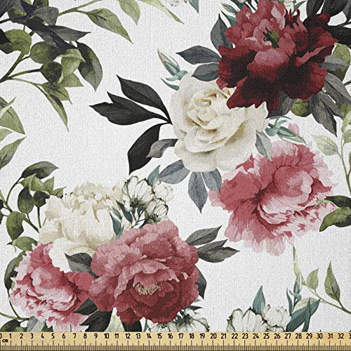 ABAKUHAUS Land Microfaser Stoff als Meterware, Aquarell Rosa Rosen, Deko Basteln Polsterstoff Textilien, 2M (230x200cm), Dunkle Koralle Kastanienbraun Creme und Grün