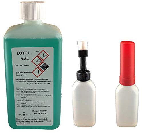 Flussmittel/Lötöl MAL 500 ml (Weichlöten von Edelstahl, auch für nicht polierte Edelstähle) + Pinselflasche mit KISI-Verschluss, 100 ml Fassungsvermögen (unbefüllt)