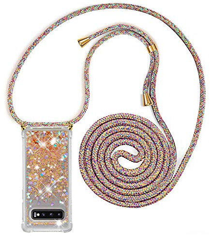 YuhooTech Handykette Hülle Kompatibel mit Samsung Galaxy S10 Plus - Quicksand Glitzer Hülle mit Band - Silikon Handyhülle mit Kordel Umhängenband - Schnur mit Treibsand Case zum Umhängen