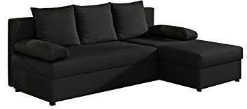 MOEBLO Ecksofa mit Schlaffunktion mit Bettkasten Couch L-Form Polstergarnitur Wohnlandschaft Polstersofa mit Ottomane Couchgranitur - ARON (Schwarz (Sawana 14), Ecksofa Rechts)