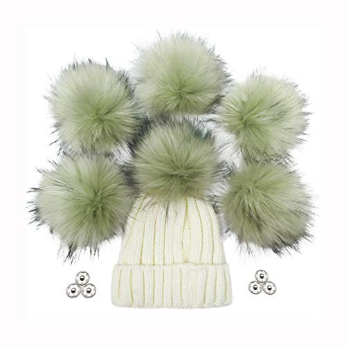 Furryvalley Kunstfell-Bommel, 6 Stück, flauschige Bälle für Hüte, Schuhe, Schals mit Druckknopfverschluss, abnehmbare Strickmütze, Zubehör, 15,2 cm, extra groß (hellgrün)