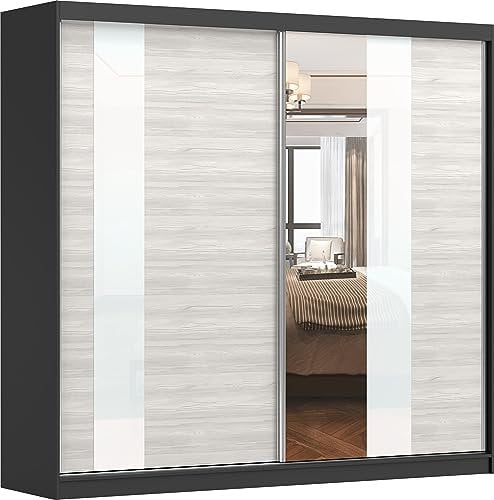Fabryka Mebli Idźczak Kleiderschrank mit Spiegel, Schiebetüren - Schwebetürenschrank, Schlafzimmerschrank - 61 x 233 x 218 cm - Schwarzer Schrank für Schlafzimmer, Ankleidezimmer, Garderobe