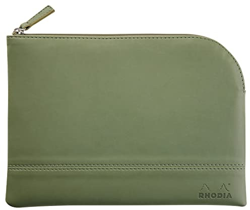 RHODIA 116632C - Faux Leather Zipped Pouch - Sage - Size M (16 x 22 cm) - Genuine Stitching - Orange Fabric Inside - Storage for Documents, Small Supplies