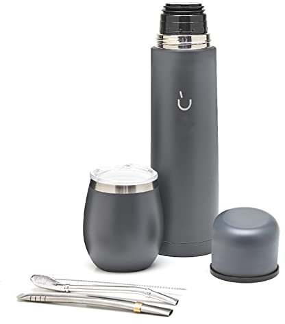 BALIBETOV Set Yerba Mate Completo - Calabaza Mate Moderna, Termo, Bombilla y Cepillo de Limpieza Incluido - Todo Acero inoxidable (Gris)
