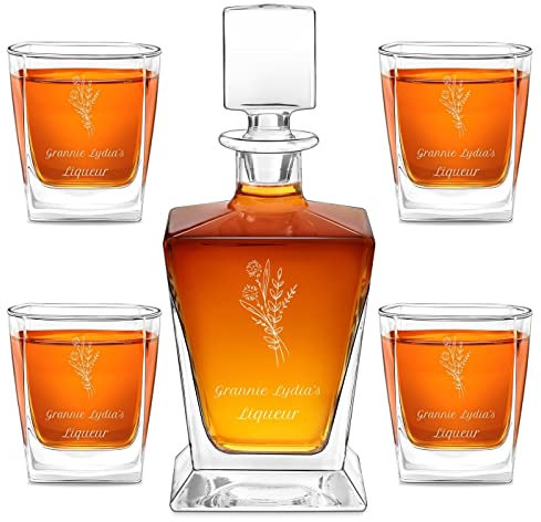 Maverton Whiskey Set for Women - Personalised Liquor Decanter with 4/6 Glasses for her - Whisky Carafe and Glasses for Birthday - Geometric Beverage Set for Mum - Engraved Glassware - Flower