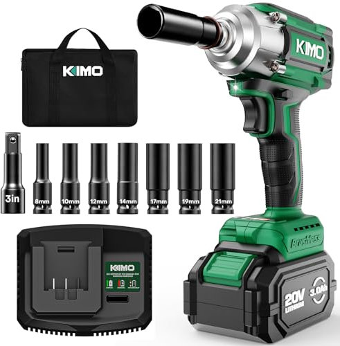 KIMO Cordless Impact Wrench, 3000 RPM & Max Torque 350 ft-lbs (475N.m), 1/2 Impact Gun with 3.0Ah Li-ion Battery, 7 Drive Impact Sockets, 3 Inch Extension Bar, 1 Hour Fast Charger,1/2 Impact Driver