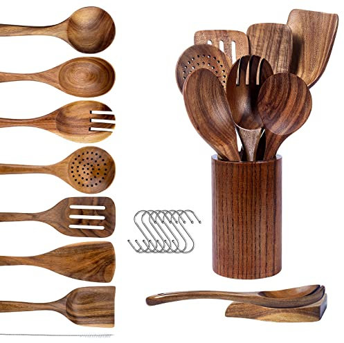 Teak Wood Cooking Utensils Set - 9-Piece Nonstick Safe Kitchen Utensils with Holder, Spoon Rest & 6 Metal Hooks, Natural Wooden Cookware for Nonstick Pans (Premium Durable Utensil Set