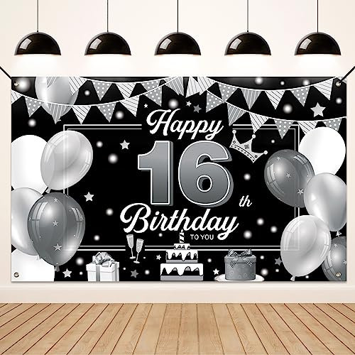 Koliphy 16. Geburtstag Deko, 16. Happy Birthday Banner für Jungen Mädchen, Silber Schwarz Stoff 16 Geburtstagsbanner Hintergrund Party Dekoration Drinnen und Draußen