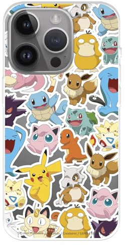 Case Compatible with iPhone 15 Pro MAX Official Pokémon Pattern Sticker to Protect Your Mobile Phone, Transparent Flexible Silicone Case with Official Pokémon License