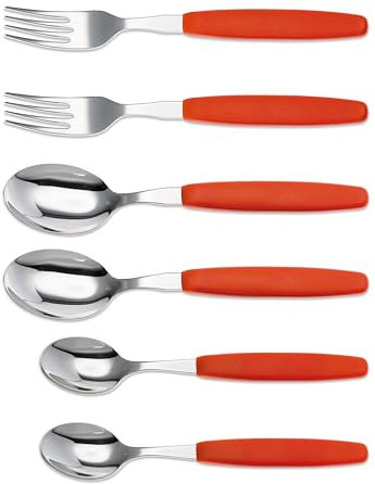 6er Set Giesser Messer Besteck Set je 2 Stück Löffel Teelöffel Gabel, Rostfreier Edelstahl, ergonomischer Griff - Made in Germany - Rot