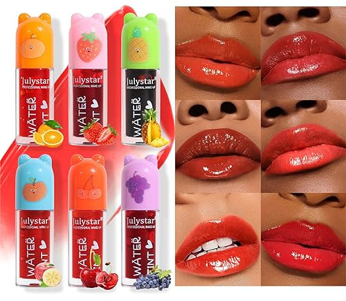 BeauFairy 6 PCS Lip Tint Stain Set, 12ml, Mini Cute Plumping Lip Gloss, Waterproof Lipgloss, Long Lasting Liquid Lipstick, Moisturizing Lip Oil, Lip Glaze for Women and Girls