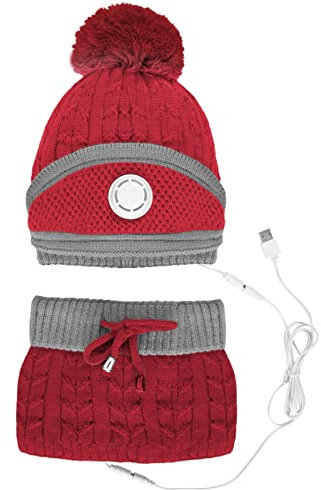 Beheizbar Mütze und Schal Set Damen Wintermützen Für Herren Damen Beanie Mütze Damen Winter mit Bommel Strickmützen Loop Schal Warm Bommelmütze Weihnachtsgeschenke Rot