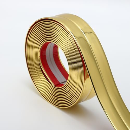 Hungbak Moldura multifuncional para despegar y pegar, diseño 3 en 1, moldura de pared, protectores de esquinas y zócalo de tira para suelo, mesa y marco de puerta (oro brillante, 5 m x 2 cm)