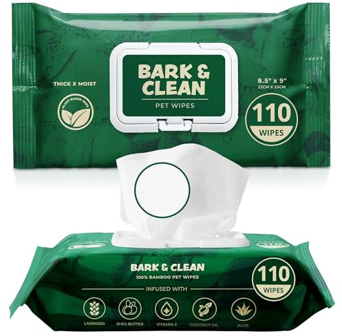Bark & Clean - Dog Wipes for Cleaning and Deodorizing 2 Pack of 110 Bamboo Pet Wipes 8.5 x 9 Compostable, H