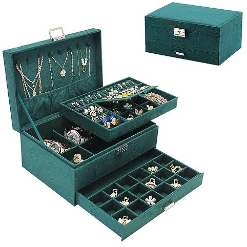 Large Jewelry Organizer Box for Women and Men, Velvet Jewelry Box with Lock and Drawers, 3-Tier Display Case, Varying Compartments for Necklace, Bracelets, Earrings, Rings and Watch (Dark green)