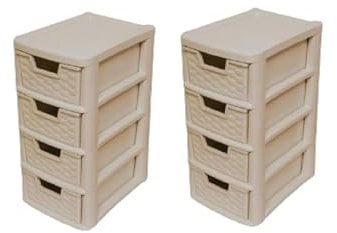 2 Pack 4 Tier Storage Rattan Style Small Plastic Tower Chest Unit | Tabletop Desktop Organizer Crafts Files Paperwork kids Room, School Home Office | 4 Tier Rattan Small/Mini Mushroom