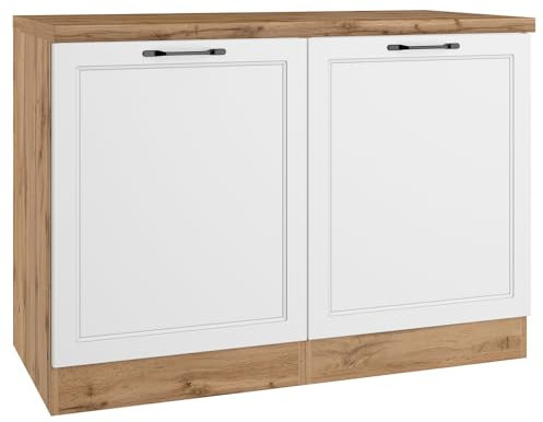 Lomadox Küchenschrank Unterschrank Spülenschrank 120 cm in weiß und Eiche, inkl. Einbauspüle mit Abtropffläche