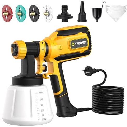 Kroosim 700 W HVLP pistola per verniciatura elettrica con 4 ugelli e 3 modelli di spruzzo, 1200 ml di flusso di colore regolabile, per recinzioni, armadi, pareti, soffitti, mobili