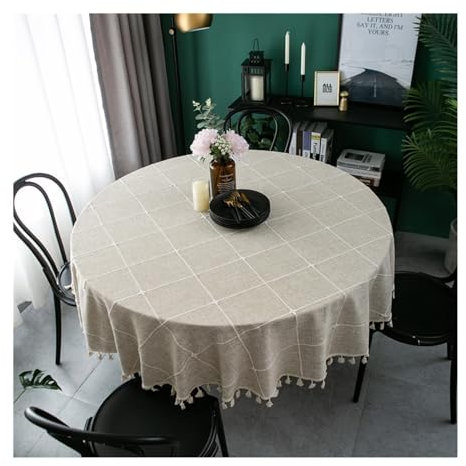 AMDXD Tischdecken Rund Hell Kaffee, Gitter Jacquard mit Quaste Tischtuch Polyester Baumwolle, Outdoor Tischdecke Geburtstag Tischschutz Geeignet für Home Küche Dekoration, 240CM