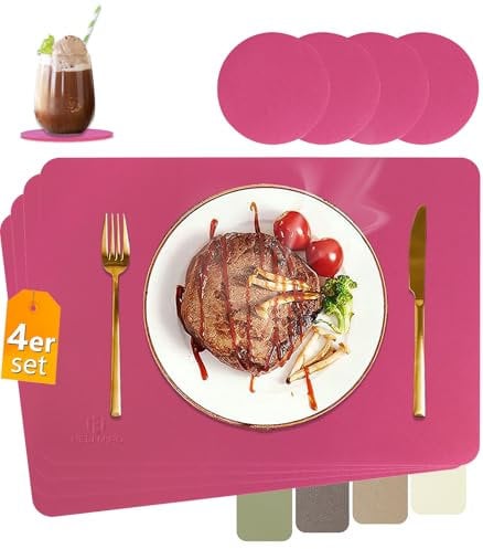 HELI MIAO Tischsets Abwaschbar,Platzsets Abwischbar,Tischset Leder,Hitzebeständig Doppelseitigen I 4er Set Platzdeckchen Lederoptik mit Untersetzer,Tischuntersetzer,Platzdecken Pflaumen rot