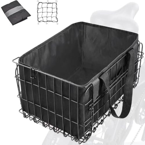 QWERTYUI Bike Rear Basket,Folding Bike Rack Basket with Removable Liner Bag, Large Capacity Heavy Duty Cargo Storage Basket Load 55Lbs, for Shopping, Riding Gear, Mountain Bikes,Black