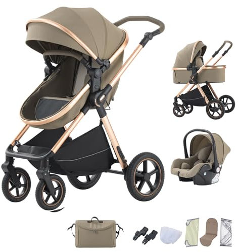 BEBBY passeggino trio, combinazione passeggino 3 in 1 passeggino cittadino con passeggino passeggino portatile con neonato passeggino pieghevole di lusso con passeggino ad alta vista (D2-LIGHT BROWN)