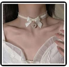 Dishowme Perle Herz Choker Halskette Schleife Knoten Kragen Halskette Kette Faux Pearl Lolita Liebe Herz Schmuck für Frauen (Beige)
