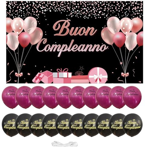 ®️ IM | Striscione Buon Compleanno 110x180 cm+ 20 Palloncini con scritta Buon Compleanno in Italiano da Appendere (NERO-ROSA)