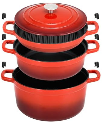 ProCook Stacking Cast Iron Casserole Dish & Griddle Pan Set Set (Red, 24cm) Induction Compatible, 25 Year Guarantee