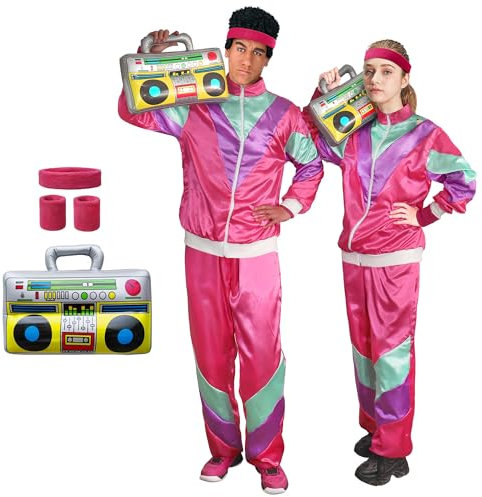 Funlot 80er Jahre Outfit Damen Herren - 6pcs KostüM 80er Jahre 80er Trainingsanzug KostüMe für Erwachsene Karneval KostüM Damen Paar Retro Jacke 80er Jahre Outfit Herren Damen Pink L