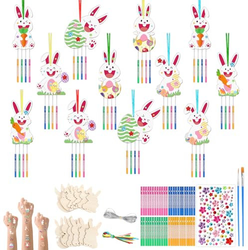 SRIZIAN 12 Stück Windspiel Bastelset Kinder, Holz Basteln Windspiele für Kinder Mädchen Junge Geburtstagsfeier Dekoration DIY Kinderspielzeug- Osterhase