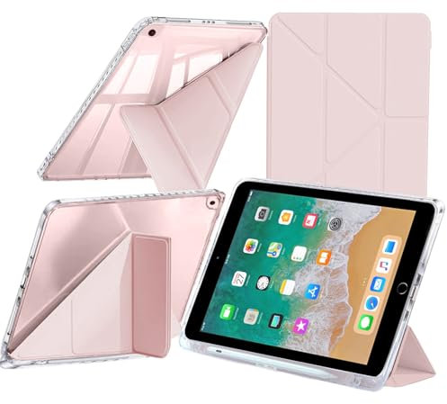 Funda Compatible con iPad 9.7 Pulgadas (6.ª/5.ª Generación 2018/2017)/iPad Air 2/Air 1 con Portalápiz, Clara a Prueba de Golpes, Soporte Plegable 6 en 1, Auto-Sueño/Estela, Rosa