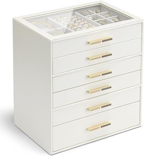 Vlando Jewellery Box for Women, Glass Lid Jewellery Organiser with 6 Drawers for Ring, Necklace, Earring, Bracelet,Gift for Women,White