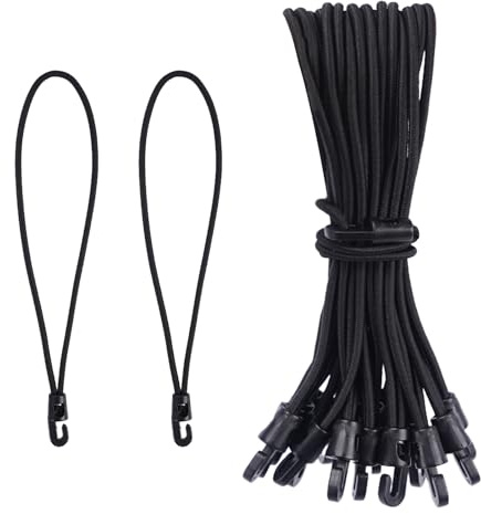 KINDPMA 60 Pezzi Cordini Elastici con Ganci Nero 2 Lunghezze 15cm/25cm Corde Elastiche con Gancio Tenditore in Gomma Multifunzionale Tenditerli per Teloni Campeggio Portapacchi Bicicletta Moto