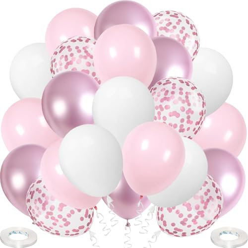 Luftballons Hellrosa Weiß, 60 Stück Rosa Luftballon Mattweiß Metallic Pink Helium Ballon Konfetti Latex Balloons für Taufe Geburtstag Hochzeit Baby Shower Party