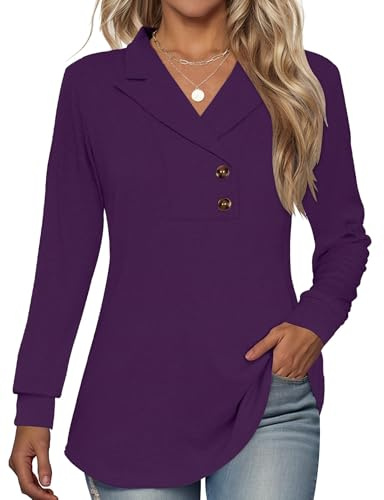 Tisfeer Pullover Damen Sweatshirt V-Ausschnitt Langarm Elegant Lässig | Reverskragen V-Ausschnitt mit Zierknöpfen Weich Locker Einfarbig Tunika Oberteile für Alltag Arbeit Freizeit Herbst Winter