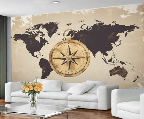 GIVLWF Wallpaper - Nautical Home Decor & Mural, World Map Bedroom Wallpaper, Vintage Compass Wall Paper for Living Room, Large Wall Mural (Not Self-Adhesive)