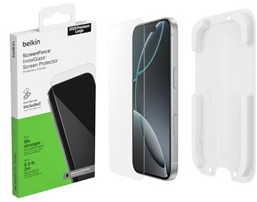 Belkin ScreenForce InvisiGlass Screen Protector for iPhone 17 Pro Max, Scratch-Resistant Impact Protection with Included Easy Align Tray for Bubble Free Application, Case-Friendly, Recycled glass