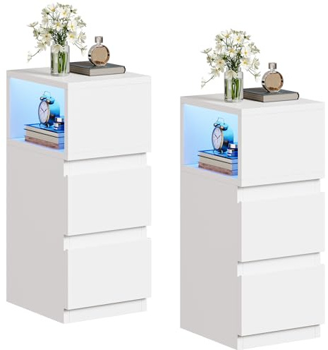 YITAHOME Slim Bedside Table Set of 2, Slim Narrow End Table with 2 Spacious Drawers and Multi-Color LED Lighting, Convertible Open Storage Compartment (Left/Right) for Bedroom, Living Room, White