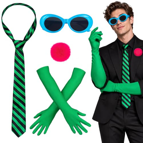 Alaxciax Grüne Kostüm Accessoires, Gestreifte Krawatte mit Blauer Brille Handschuhe Rosa Pompon für Männer Frauen für Karneval Halloween Cosplay Party