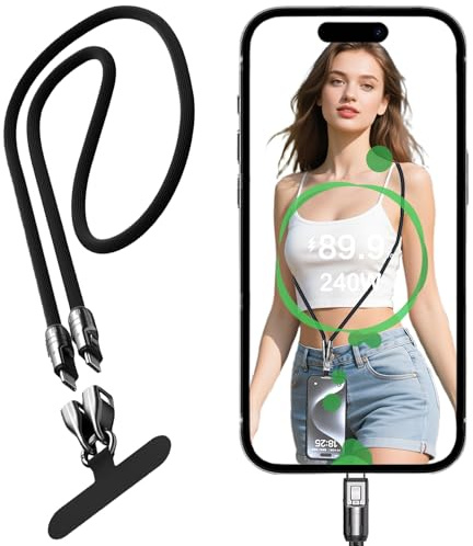 Fofvccv USB-C Phone Lanyard Cable 240W Fast Charging & Data Transfer, Wearable Nylon Crossbody Strap for iPhone, Samsung, Xiaomi, Pixel, Tablets & USB-C Devices Black